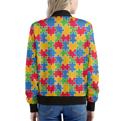 Autism Awareness Jigsaw Pattern Print Women's Bomber Jacket