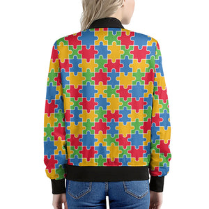 Autism Awareness Jigsaw Pattern Print Women's Bomber Jacket