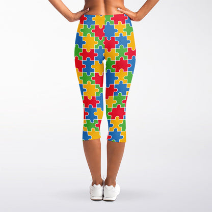 Autism Awareness Jigsaw Pattern Print Women's Capri Leggings
