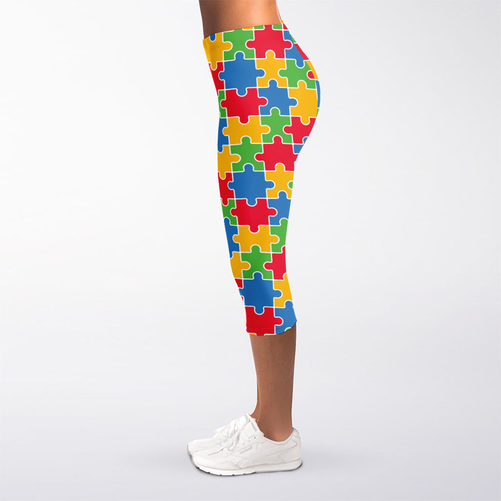 Autism Awareness Jigsaw Pattern Print Women's Capri Leggings