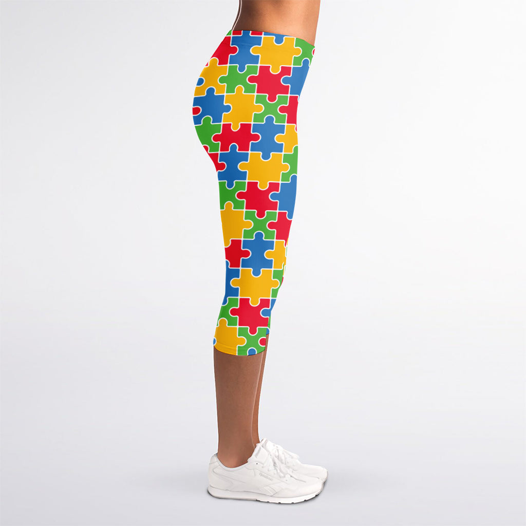 Autism Awareness Jigsaw Pattern Print Women's Capri Leggings