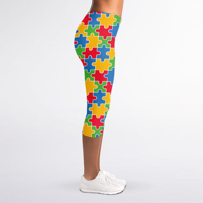 Autism Awareness Jigsaw Pattern Print Women's Capri Leggings