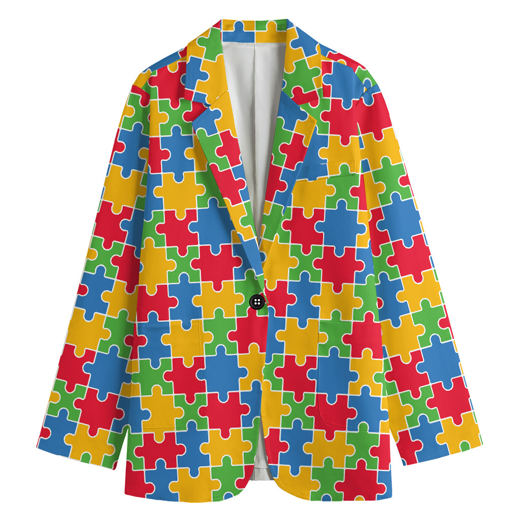 Autism Awareness Jigsaw Pattern Print Women's Cotton Blazer