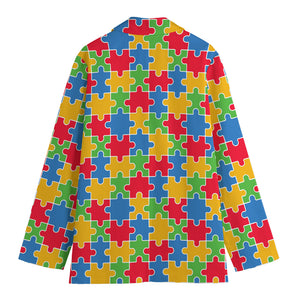 Autism Awareness Jigsaw Pattern Print Women's Cotton Blazer