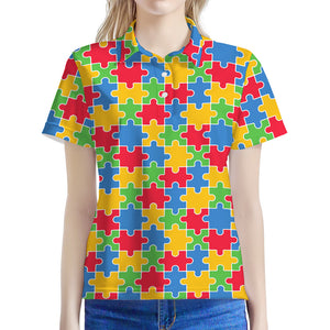 Autism Awareness Jigsaw Pattern Print Women's Polo Shirt