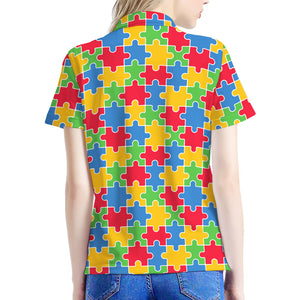 Autism Awareness Jigsaw Pattern Print Women's Polo Shirt