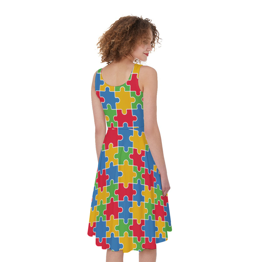 Autism Awareness Jigsaw Pattern Print Women's Sleeveless Dress