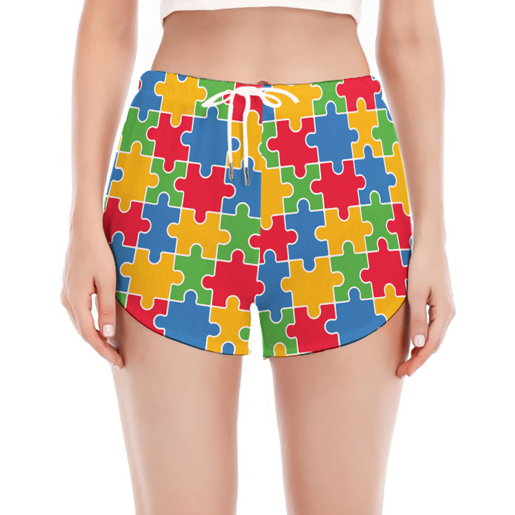 Autism Awareness Jigsaw Pattern Print Women's Split Running Shorts