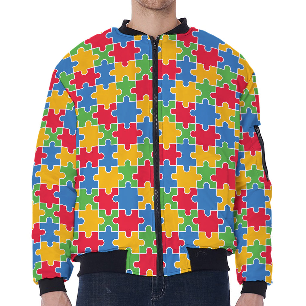 Autism Awareness Jigsaw Pattern Print Zip Sleeve Bomber Jacket