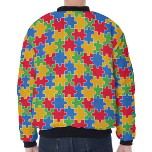 Autism Awareness Jigsaw Pattern Print Zip Sleeve Bomber Jacket