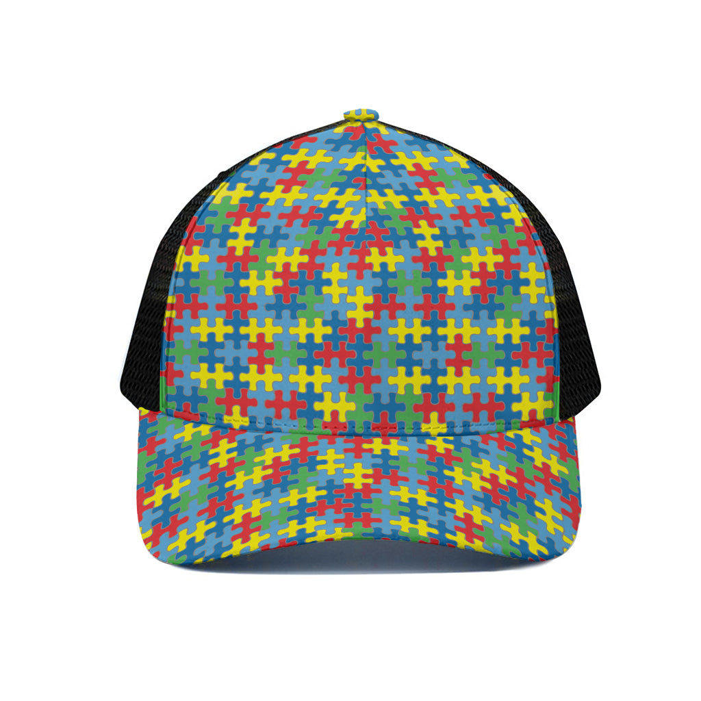 Autism Awareness Jigsaw Print Black Mesh Trucker Cap
