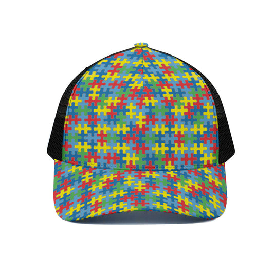 Autism Awareness Jigsaw Print Black Mesh Trucker Cap