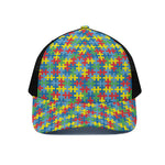 Autism Awareness Jigsaw Print Black Mesh Trucker Cap
