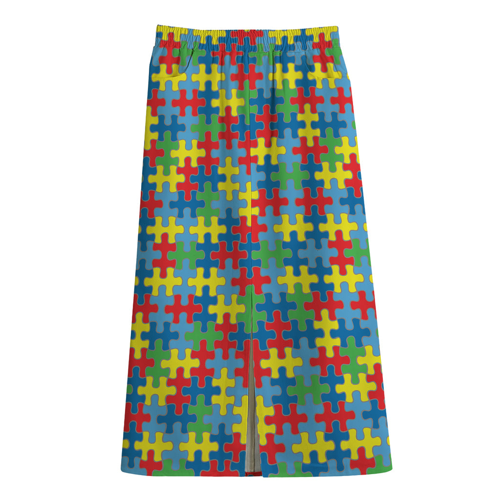 Autism Awareness Jigsaw Print Cotton Front Slit Maxi Skirt