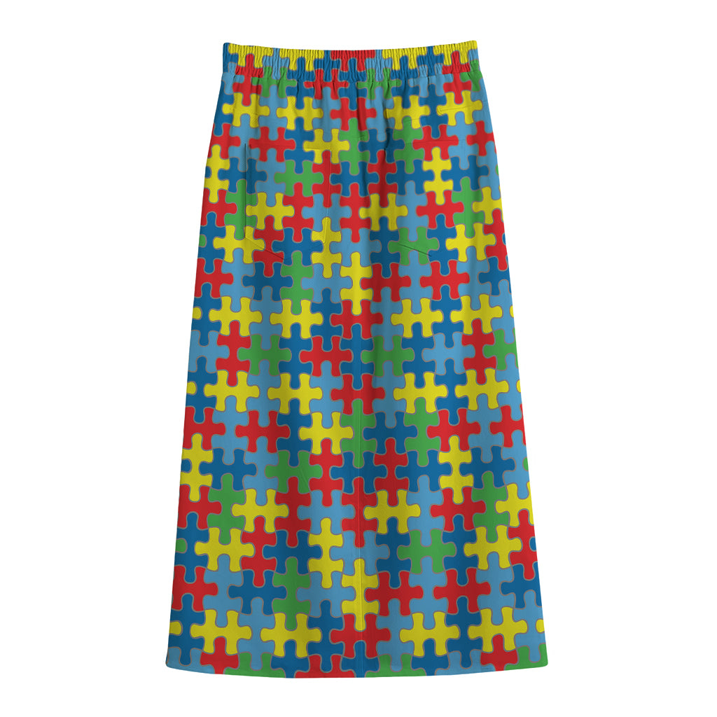 Autism Awareness Jigsaw Print Cotton Front Slit Maxi Skirt