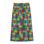 Autism Awareness Jigsaw Print Cotton Front Slit Maxi Skirt