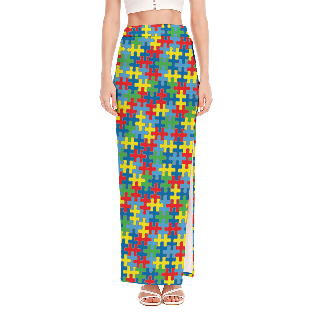 Autism Awareness Jigsaw Print High Slit Maxi Skirt