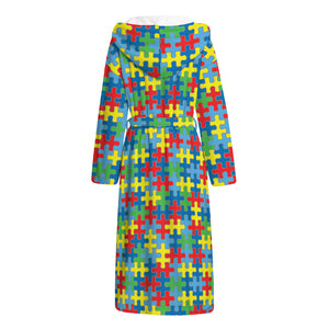 Autism Awareness Jigsaw Print Hooded Bathrobe