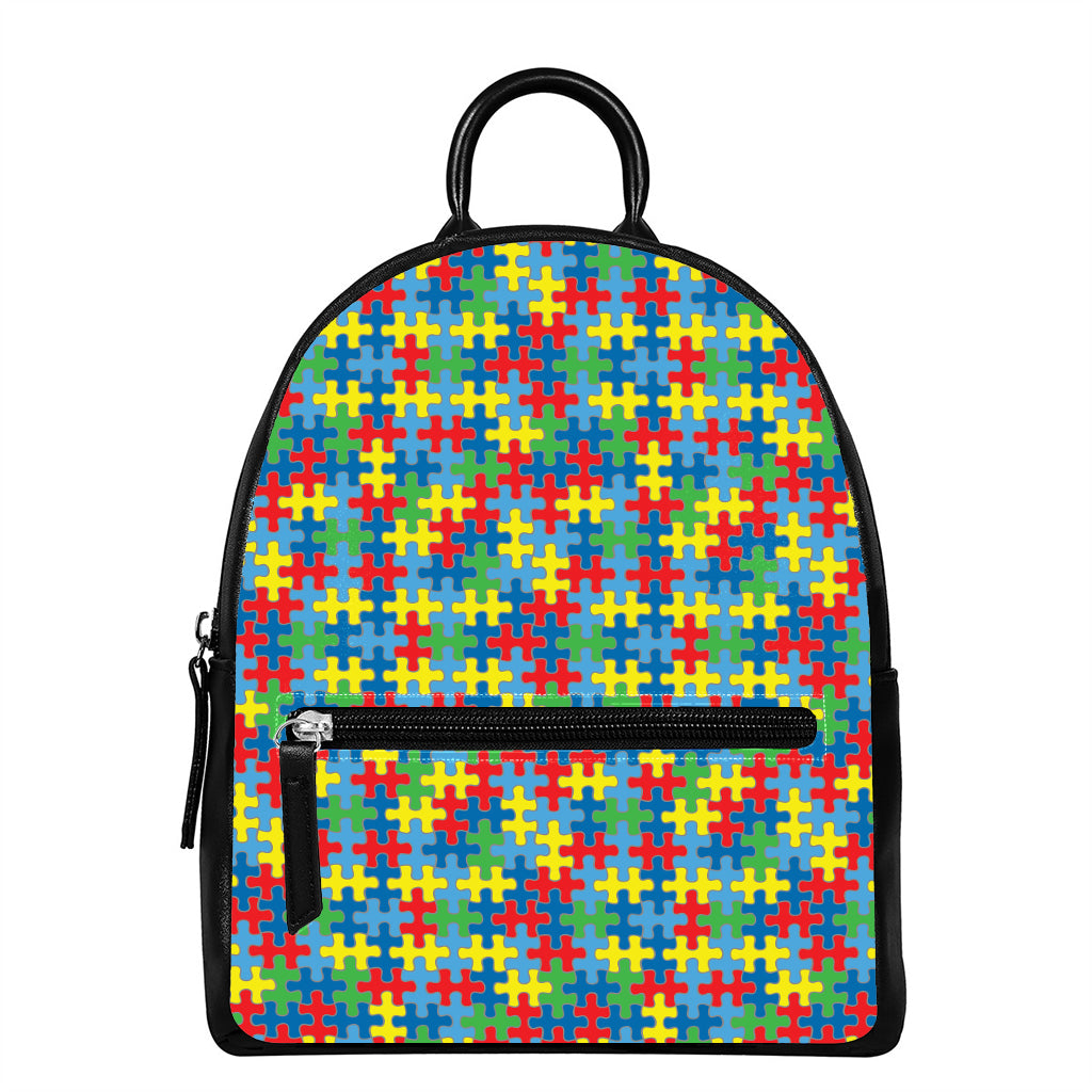 Autism Awareness Jigsaw Print Leather Backpack