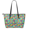 Autism Awareness Jigsaw Print Leather Tote Bag With Zipper