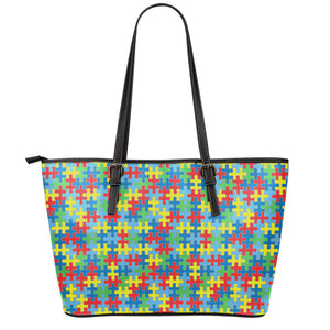 Autism Awareness Jigsaw Print Leather Tote Bag