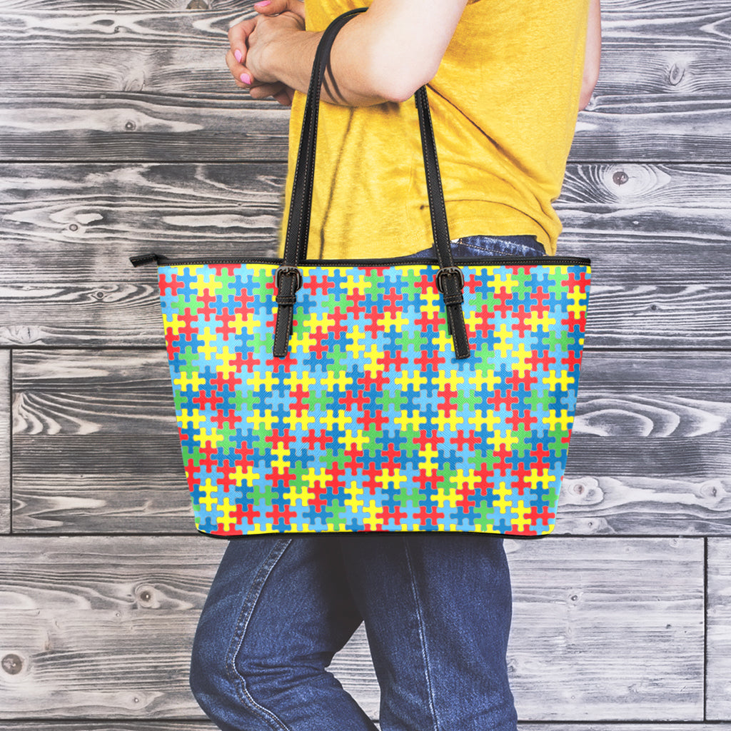 Autism Awareness Jigsaw Print Leather Tote Bag