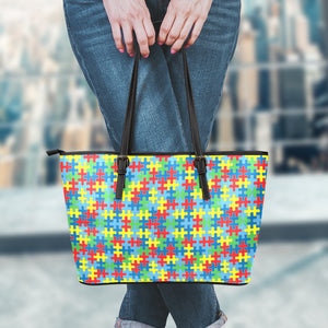 Autism Awareness Jigsaw Print Leather Tote Bag