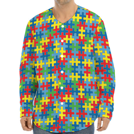 Autism Awareness Jigsaw Print Long Sleeve Baseball Jersey