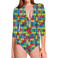 Autism Awareness Jigsaw Print Long Sleeve Swimsuit