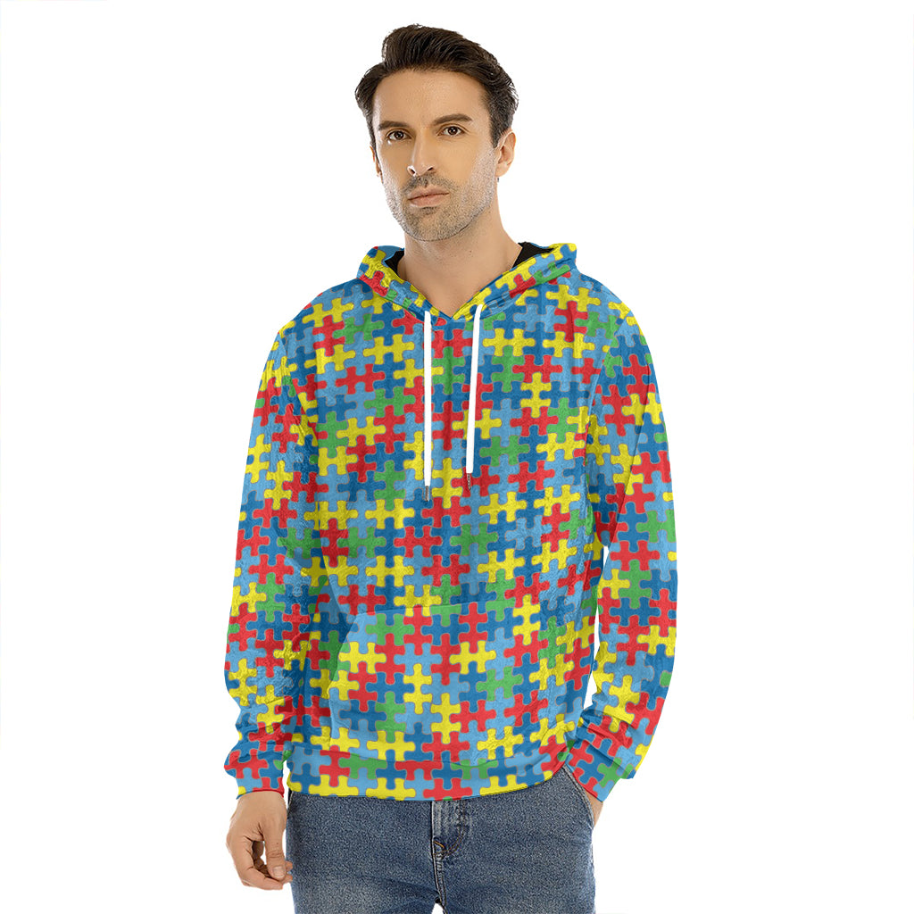 Autism Awareness Jigsaw Print Men's Velvet Pullover Hoodie