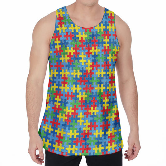 Autism Awareness Jigsaw Print Men's Velvet Tank Top