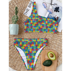 Autism Awareness Jigsaw Print One Shoulder Bikini Top