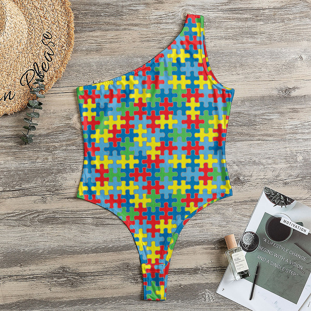 Autism Awareness Jigsaw Print One Shoulder Bodysuit