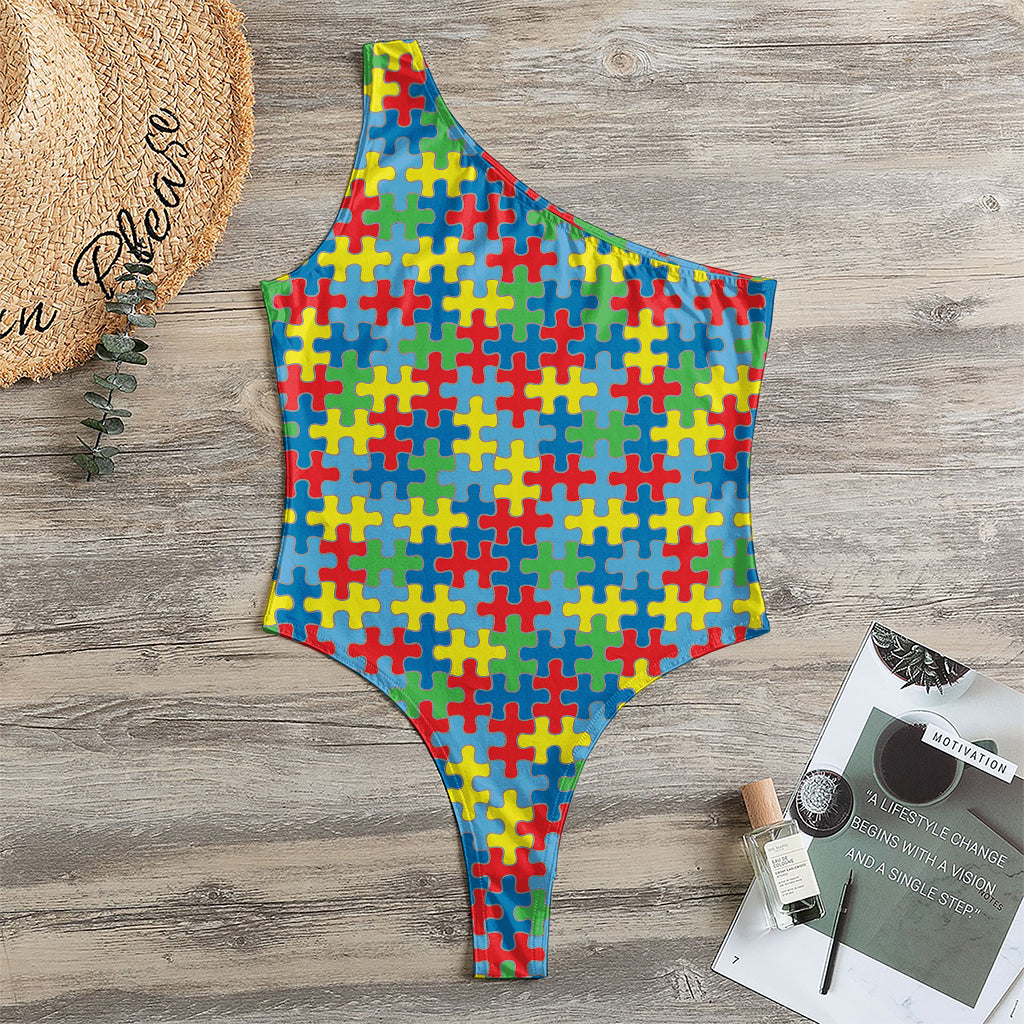 Autism Awareness Jigsaw Print One Shoulder Bodysuit