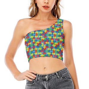 Autism Awareness Jigsaw Print One Shoulder Crop Top