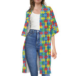 Autism Awareness Jigsaw Print Open Front Beach Cover Up