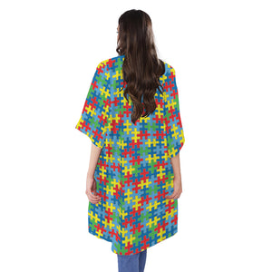 Autism Awareness Jigsaw Print Open Front Beach Cover Up