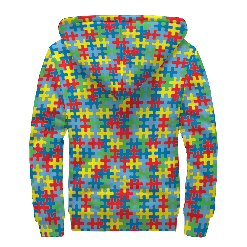 Autism Awareness Jigsaw Print Sherpa Lined Zip Up Hoodie
