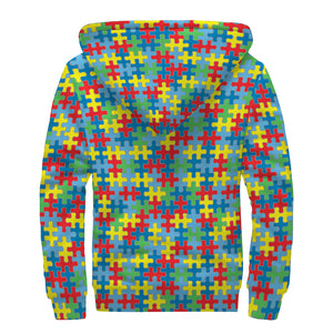 Autism Awareness Jigsaw Print Sherpa Lined Zip Up Hoodie