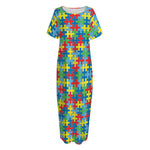 Autism Awareness Jigsaw Print Short Sleeve Long Nightdress