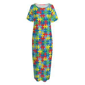 Autism Awareness Jigsaw Print Short Sleeve Long Nightdress