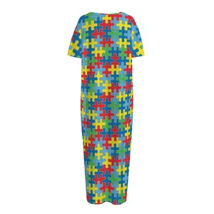 Autism Awareness Jigsaw Print Short Sleeve Long Nightdress