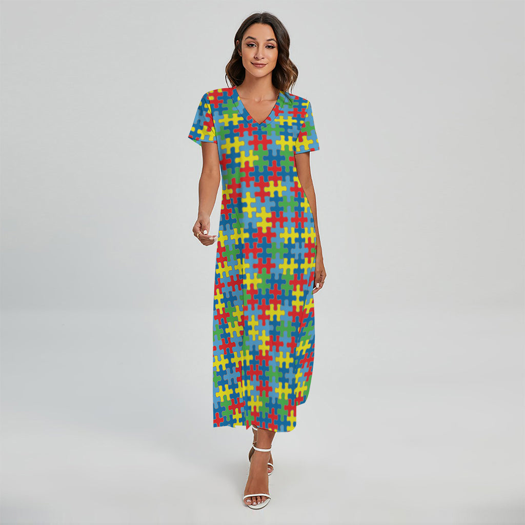 Autism Awareness Jigsaw Print Short Sleeve Maxi Dress