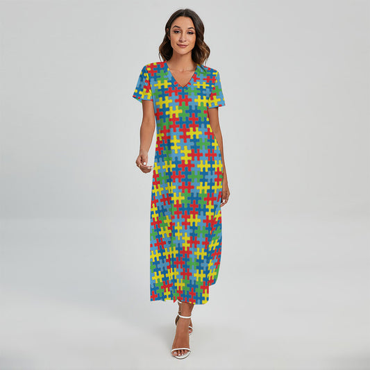 Autism Awareness Jigsaw Print Short Sleeve Maxi Dress