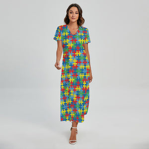 Autism Awareness Jigsaw Print Short Sleeve Maxi Dress