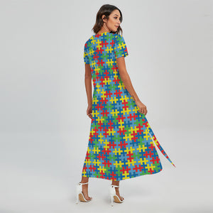 Autism Awareness Jigsaw Print Short Sleeve Maxi Dress