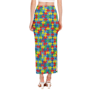 Autism Awareness Jigsaw Print Side Slit Maxi Skirt