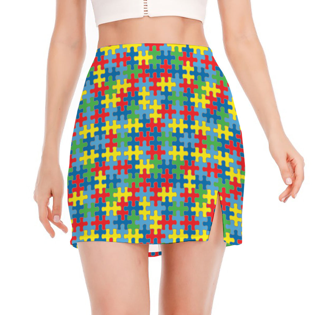 Autism Awareness Jigsaw Print Side Slit Mini Skirt