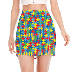 Autism Awareness Jigsaw Print Side Slit Mini Skirt