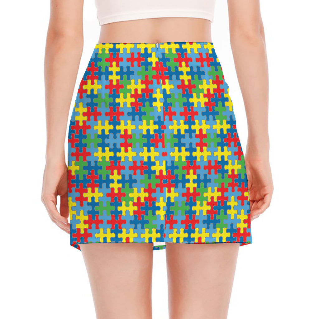 Autism Awareness Jigsaw Print Side Slit Mini Skirt